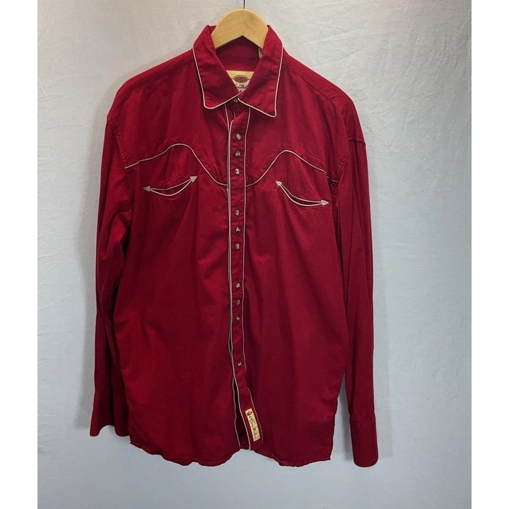 Larry Mahan Western Shirt Mens XL Red Pearl‎ Snap Smile Pockets Cowboy Rodeo